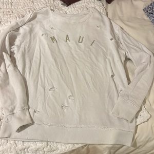 Maui white oversized crewneck with styled rips perfect for a beach cover up